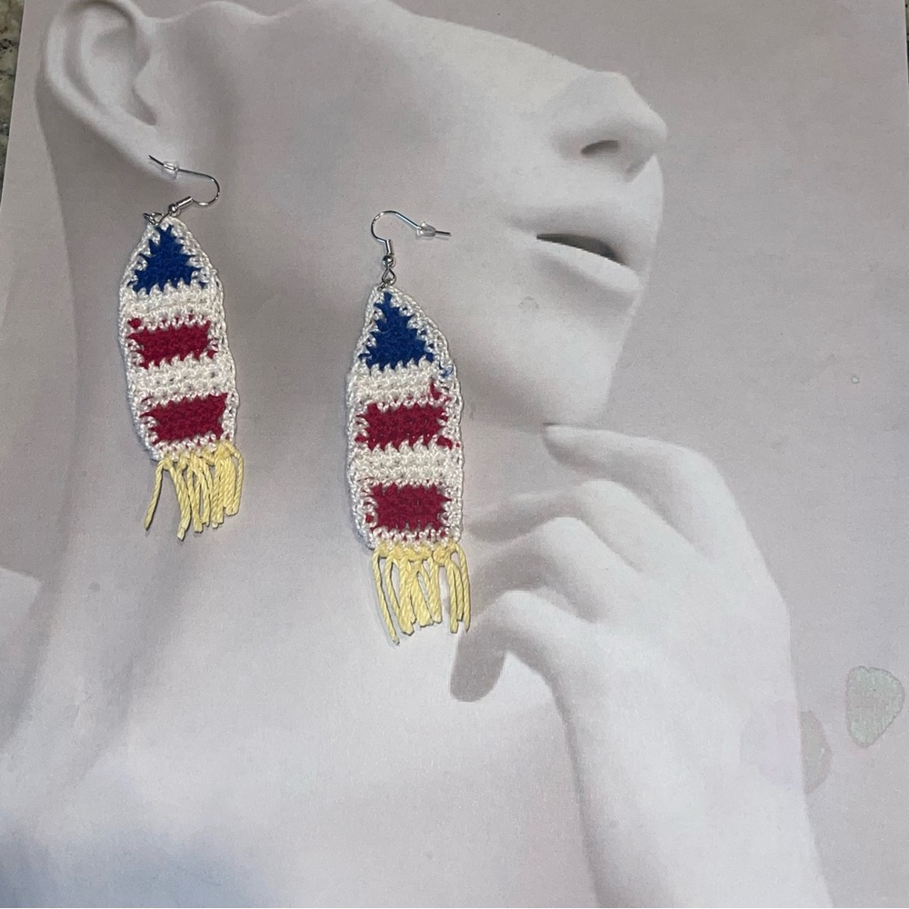 🌟Hand Crafted crochet 🚀 Blue and Red and white Earrings